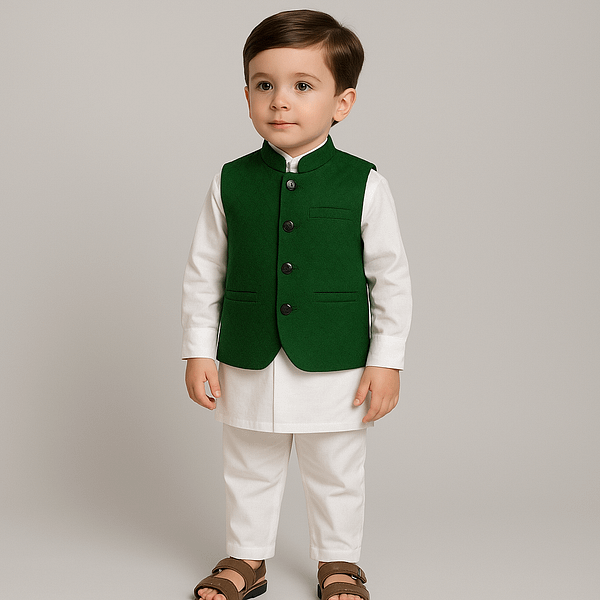 white kurta & trouser with green waiscoat